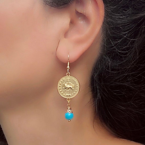 Turquoise Earrings with 18k Gold Pahlavi Coin for Elegent Jewelry Gift