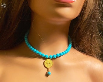 Turquoise Beaded Necklace with Persian Pahlavi Coin Vintage Style Jewelry in 18k Gold Plated Steel, Hypoallergenic, Unique Gift For Mothers