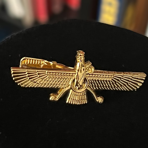 Faravahar Pin/Clip in 18k Gold Plated in Stainless Steel, Persian Art, Luxury Look, Gift of Love for Fathers Day, Zoroastrian, Anti Tarnish