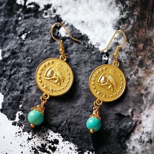 Turquoise Earrings with 18k Gold Pahlavi Coin for Elegent Jewelry Gift