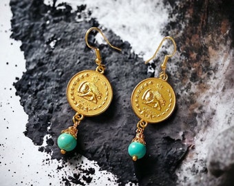 Turquoise Earrings with 18k Gold Pahlavi Coin for Elegent Jewelry Gift