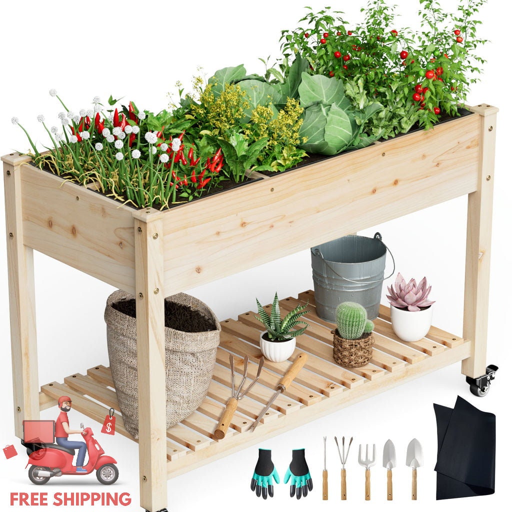 Gymax 2 Tier Wooden Raised Garden Bed Elevated Planter Box w/Legs Drain Holes