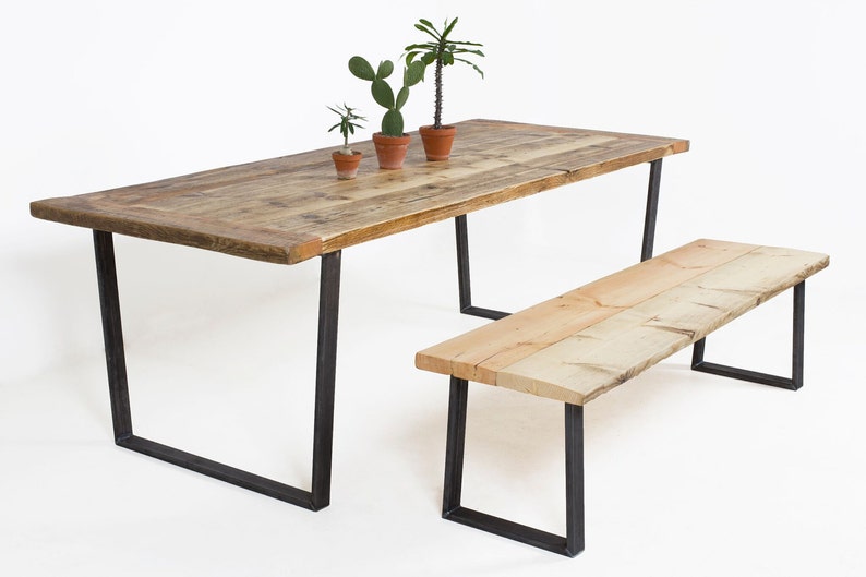 Rustic Reclaimed Wood Dining Table And Bench Set With Custom U Shaped Steel Legs The Conference Kent