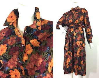 Vestido camisero de lana con estampado floral vintage Liberty de los años 80 / años 40 / años 50 / bolsillos / Goodwood / Teadress 14 / 16 / 18