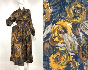 LIBERTY 80s vintage abstract & bold  rose print dress / 40s 50s style / pockets / belt / Picasso / Novelty print / stunning!