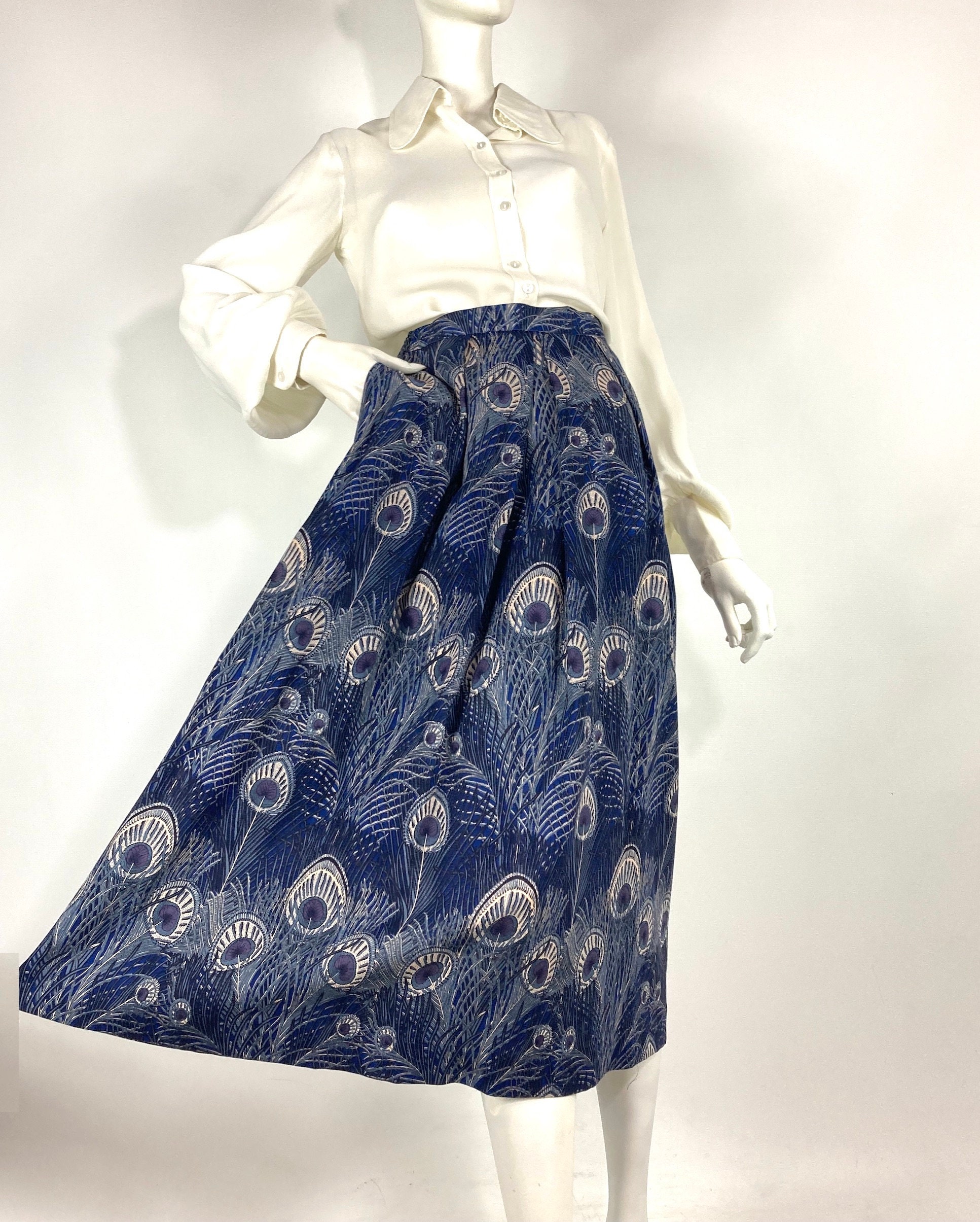 vintage Liberty wool skirt HERA peacock print midi skirt / mini dress OSFM