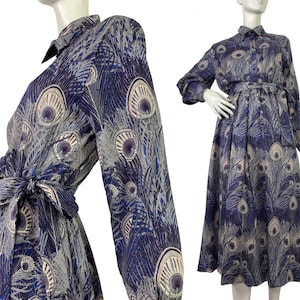 LIBERTY 80s peacock feather print wool shirt dress / vintage 40s style / pockets / belt / Goodwood / RARE print