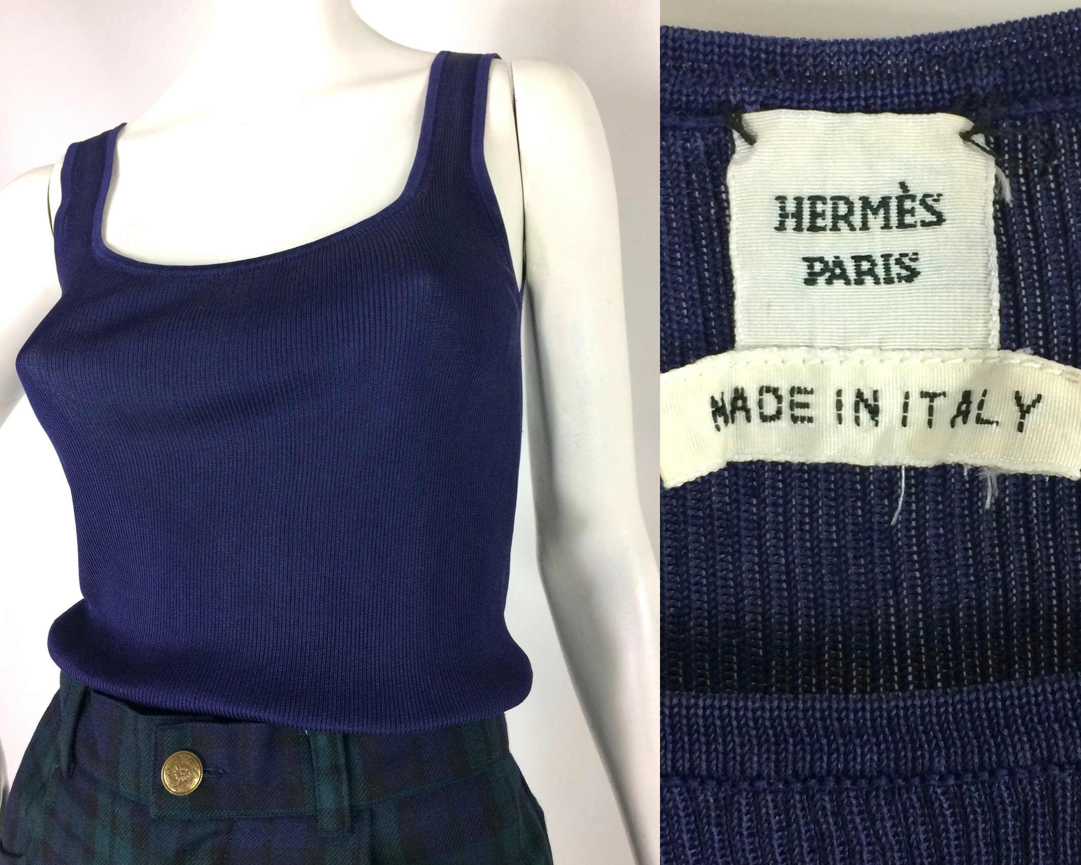 Image of Hermes Paris Ribbed Silk Vest/Camisole Skinny Fit Designer Made in Italy