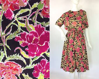 Vestido de té vintage de algodón Liberty de los años 80 / rosas / estilo Deco años 40 y 50 / Goodwood / UK 14