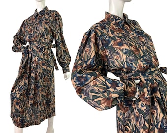 LIBERTY 80s floral wool shirt dress / vintage 40s style / pockets / belt / Goodwood