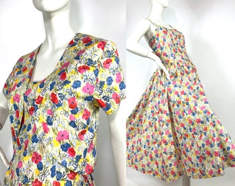 LIBERTY Vintage-Baumwollkleid und Bolero-Set „Mohnblume + Gänseblümchen“ aus den 1980er Jahren / 40er / 50er Jahre / 2-teilig / Größe UK 12