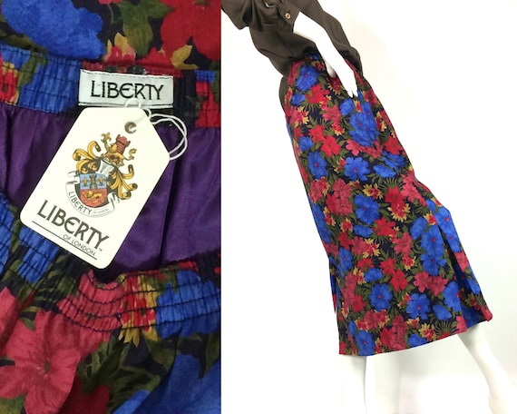 LIBERTY 80s vintage blue red flower print wool sk… - image 1