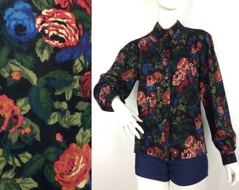 Blusa de lana con estampado de rosas llamativas vintage de los años 80 de LIBERTY / años 40 / estilo disfraz / años 50 / Goodwood / Reino Unido 14/16 Volup