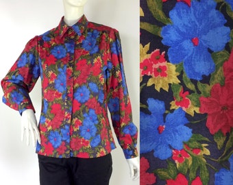 Vintage 1980s bold floral LIBERTY wool blouse / 40s / costume / Goodwood / Made in England UK 14