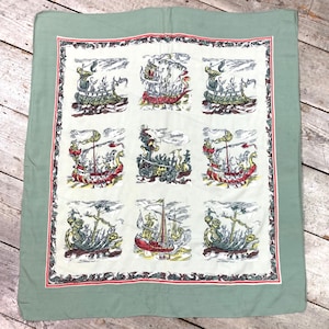 50s 60s vintage slinky tourist scarf / viking / ships / sailor theme / sea / scarf top / head scarf