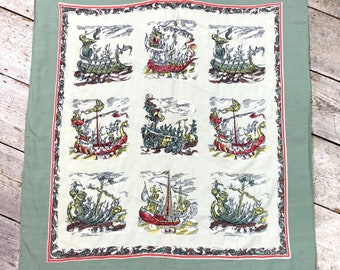 50s 60s vintage slinky tourist scarf / viking / ships / sailor theme / sea / scarf top / head scarf
