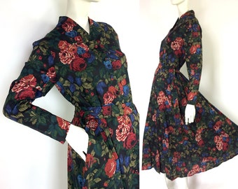 Vestido camisero de lana LIBERTY de los 80 / Estilo vintage de los años 40 / Estampado de rosas / Drama de época / Goodwood / 12
