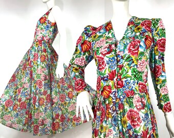 LIBERTY Vintage-Kleid und Bolero-Set aus Baumwollgaze mit tropischem Print aus den 1980er Jahren / 40er / 50er Jahre / Zweiteilig / Größe UK 14