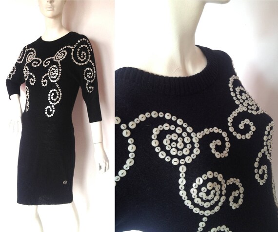 GALLIANO designer Black Wool DRESS with Button det