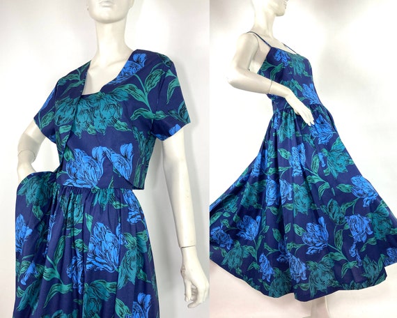 LIBERTY 1980s vintage tulip print cotton tea dress & bolero set / 40s / 50s / Lindy Bop /
