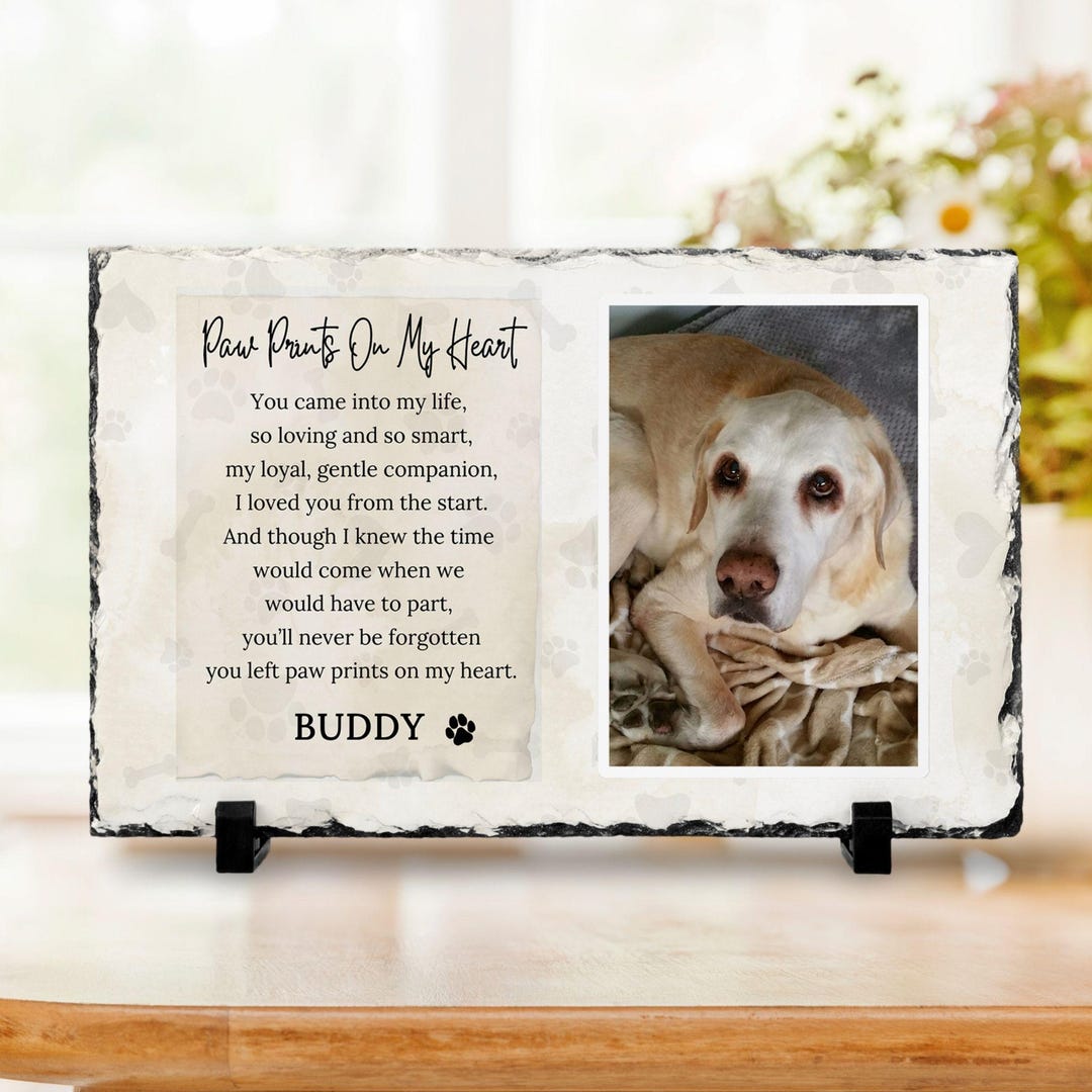 Dog Memorial Photo Plaque – Personalized Pet Loss Slate, Paw Prints on ...