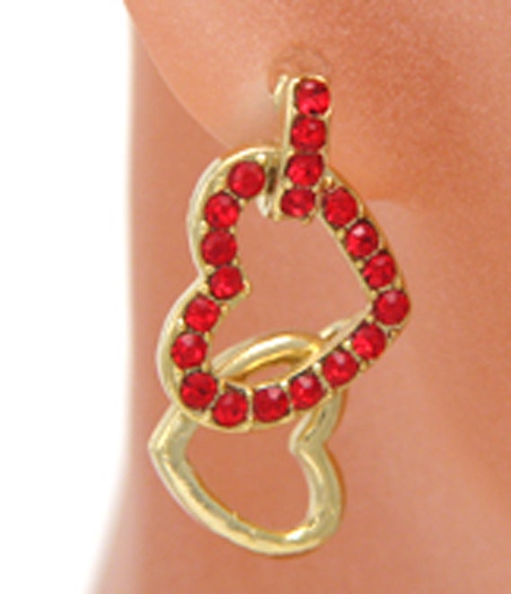 Valentine Heart Earrings Red Rhinestone Interlock… - image 1