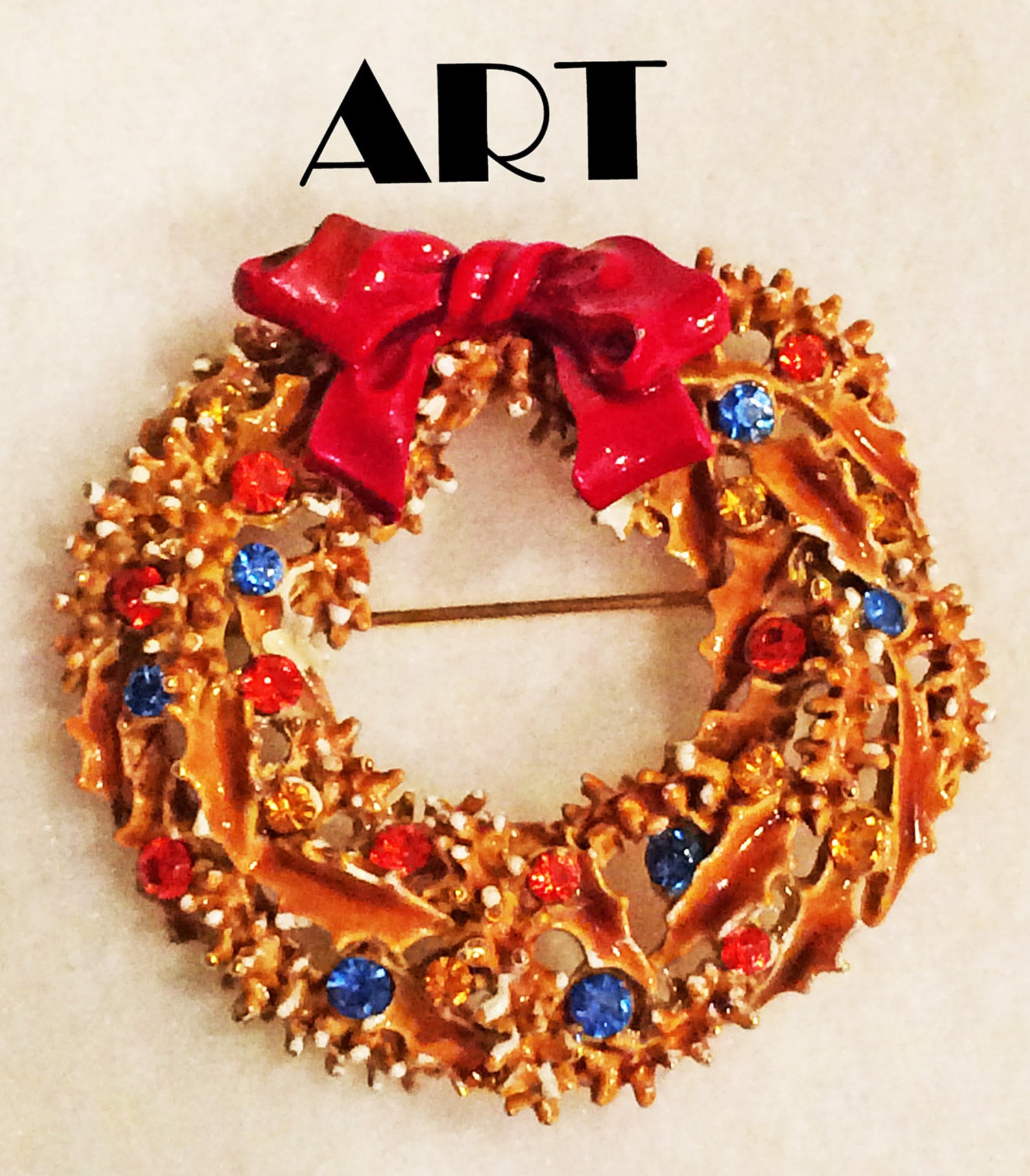 ART Signed Christmas Wreath Pin Brooch Enamel Rhinestone Etsy