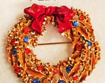 ART Signed Christmas Wreath Pin Brooch Enamel Rhinestone