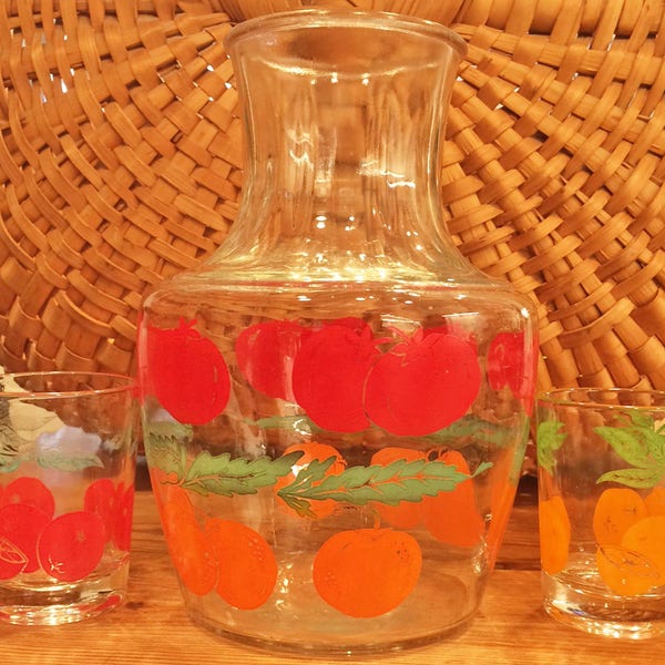 Anchor Hocking Juice Server Pitcher Carafe Glasses Set Oranges Tomatoes