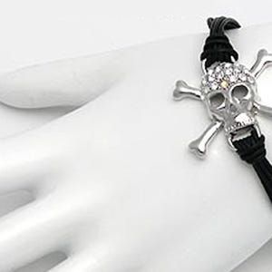 Vintage Halloween Skull & Crossbones Bones Biker Bracelet Rhinestone Adjustable Silver Tone - Gift Box