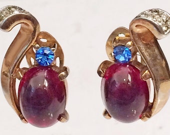 Trifari Jelly Belly Crown Earrings Red Blue Gold Tone