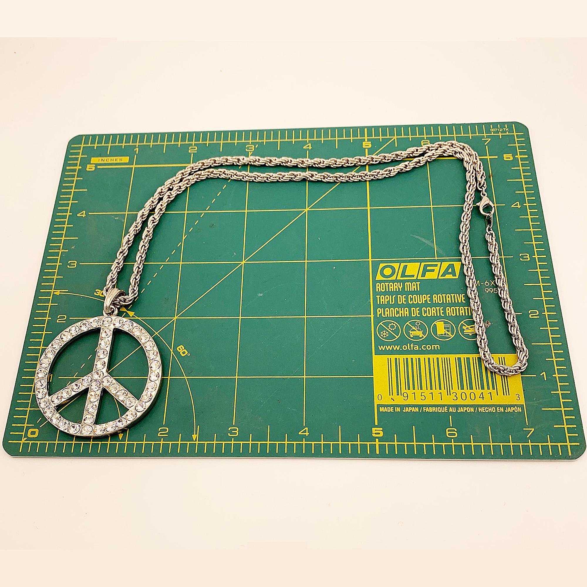 Chain Peace Sign Vintage Large Rhinestone Peace Sign Symbol Necklace 24
