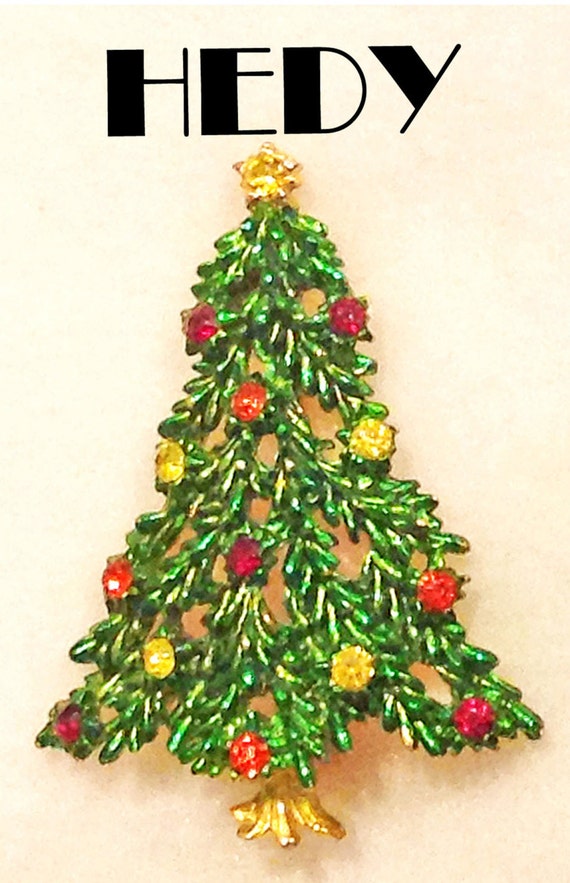 Christmas Tree Pin signed Hedy Metallic Green Red 