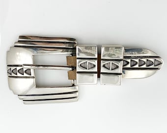 VTG Kenneth Mary Bill Navajo Belt Buckle Sterling Silver Stamped Ranger 45.9g - Gift Box