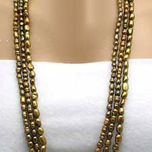 3 Strand Gold Color Genuine Freshwater Pearls Necklace & Earrings Set 30+ Inches