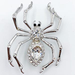Vintage Halloween Spider Pin Brooch Clear Rhinestones Silver Tone - Gift Box