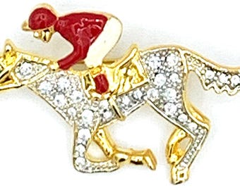 Vintage Horse & Jockey Pin Brooch Rhinestone Red Enamel Equestrian Kentucky Derby - Gift Box