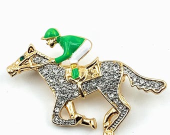 Vintage Horse & Jockey Pin Brooch Rhinestone Green Enamel Equestrian Kentucky Derby - Gift Box