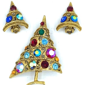 Vintage Weiss Christmas Tree Pin Brooch Clip Earrings Set Rhinestone Angle Base - Gift Box