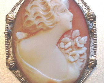 Art Deco Cameo White Gold Filigree Shell Cameo Brooch Pin Pendant 14K