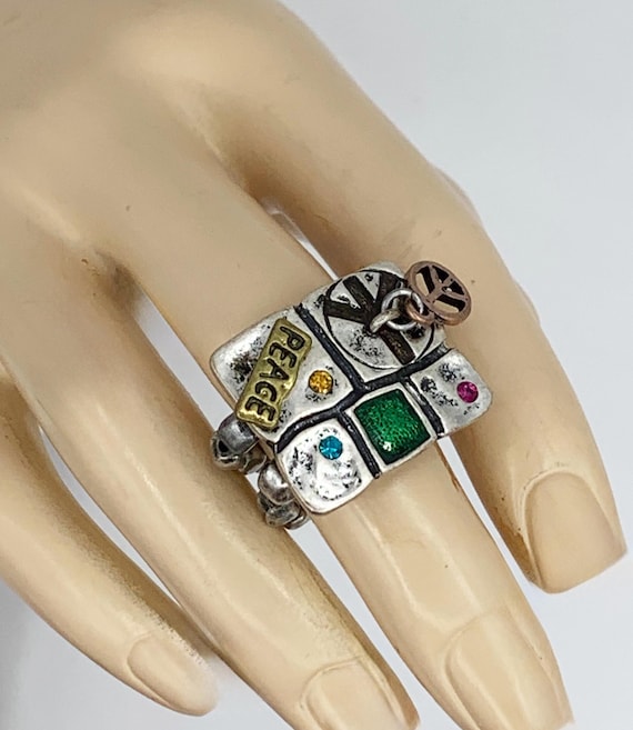 Vintage Peace Sign Patchwork Stretch Ring - Gift … - image 6