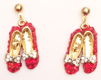 Wizard of Oz Dorothy's Ruby Slipper Earrings Post Red Rhinestone Gold Tone + Box