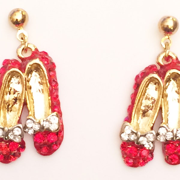 Wizard of Oz Dorothy's Ruby Slipper Earrings Post Red Rhinestone Gold Tone + Box