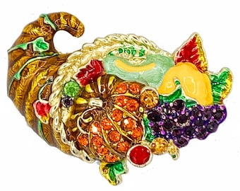 Vintage Cornucopia Pin Brooch Rhinestone Enamel Thanksgiving