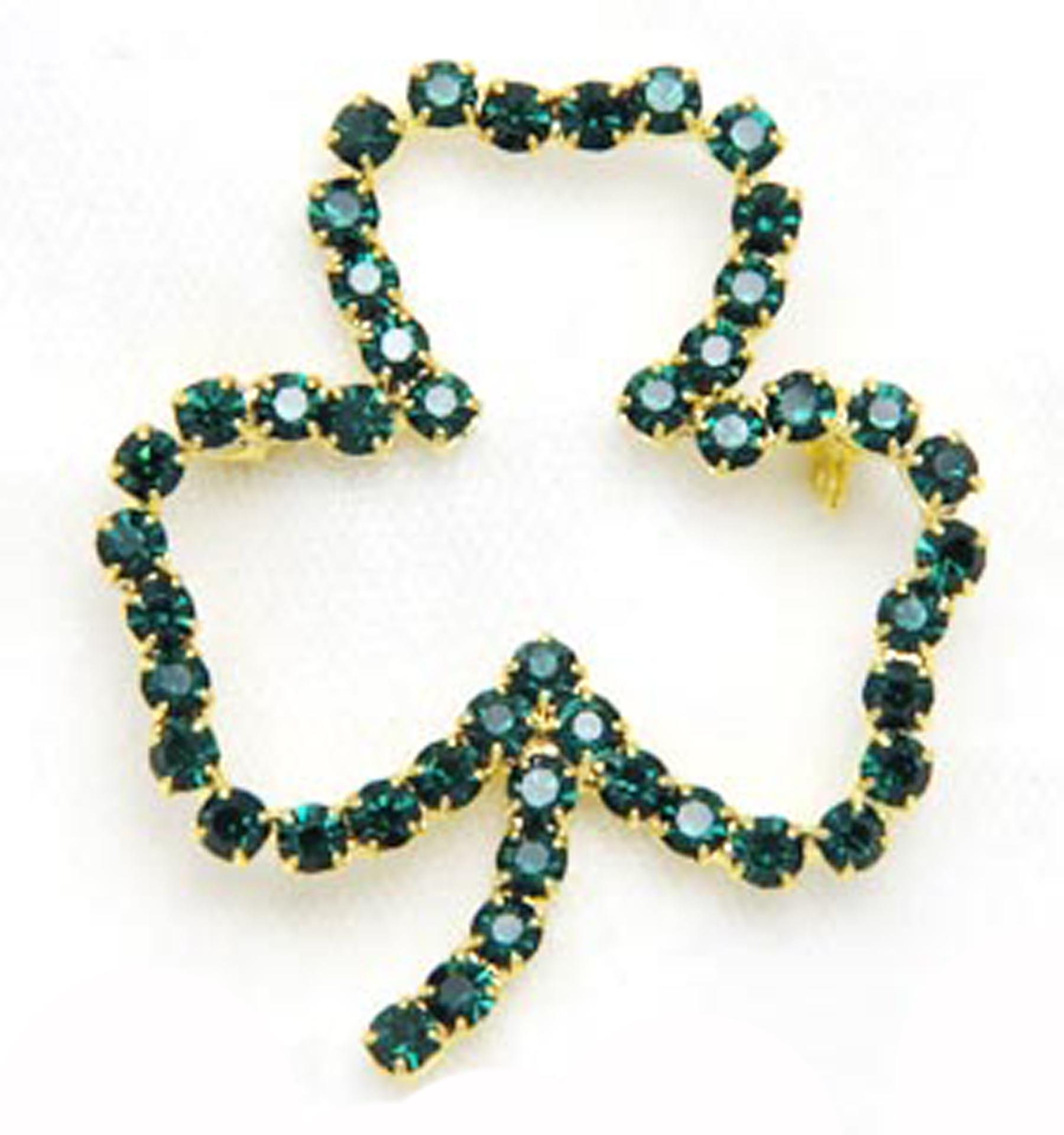 Vintage Shamrock Pin Brooch Made with Swarovski Green Rhinestones Gold Tone - Gift Box