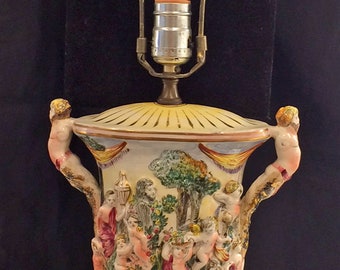 Vintage Fine Porcelain Capodimonte /Style Lamp Bacchanal Cherubs Putti Mermen