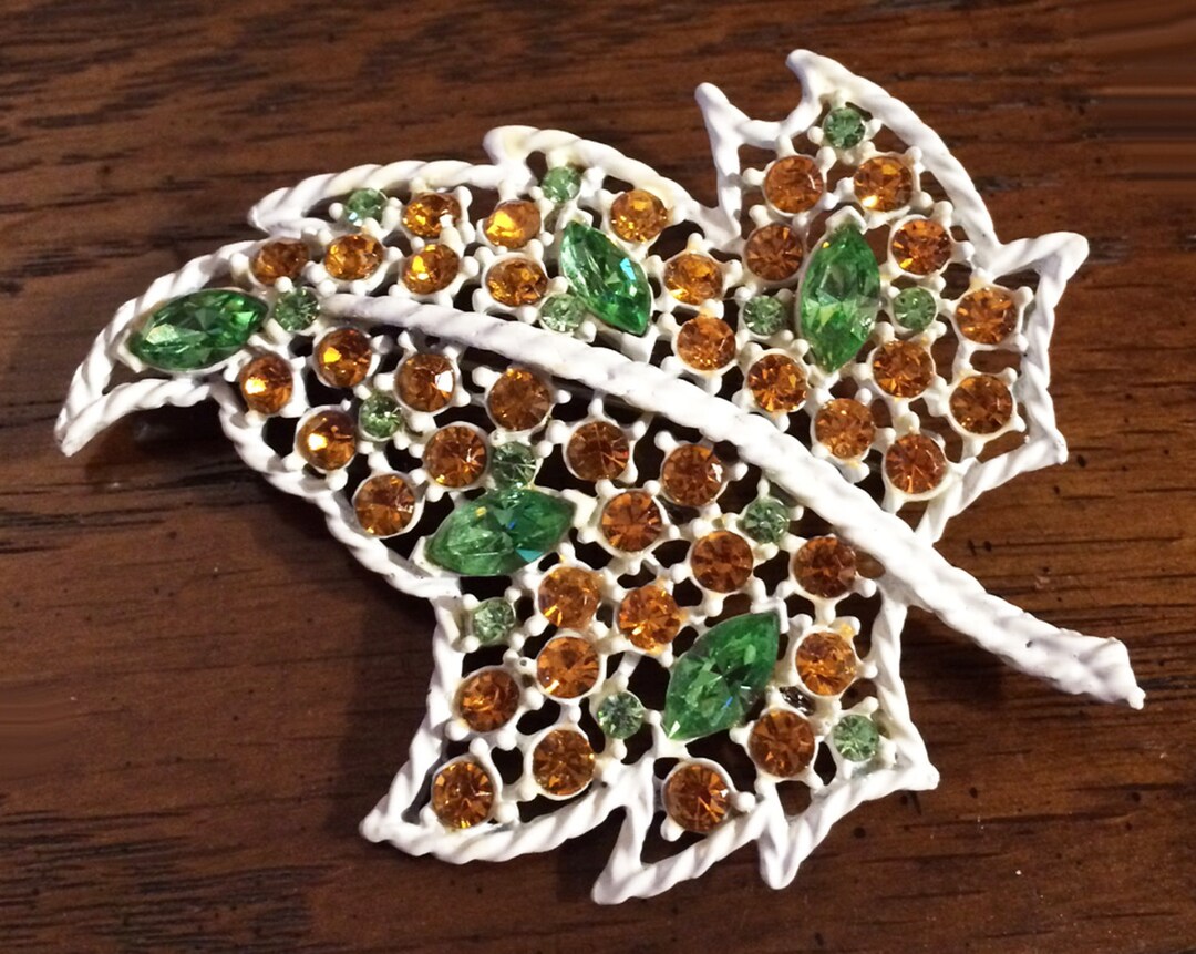 Vintage White Japanned Rhinestone Leaf Pin Brooch - Etsy