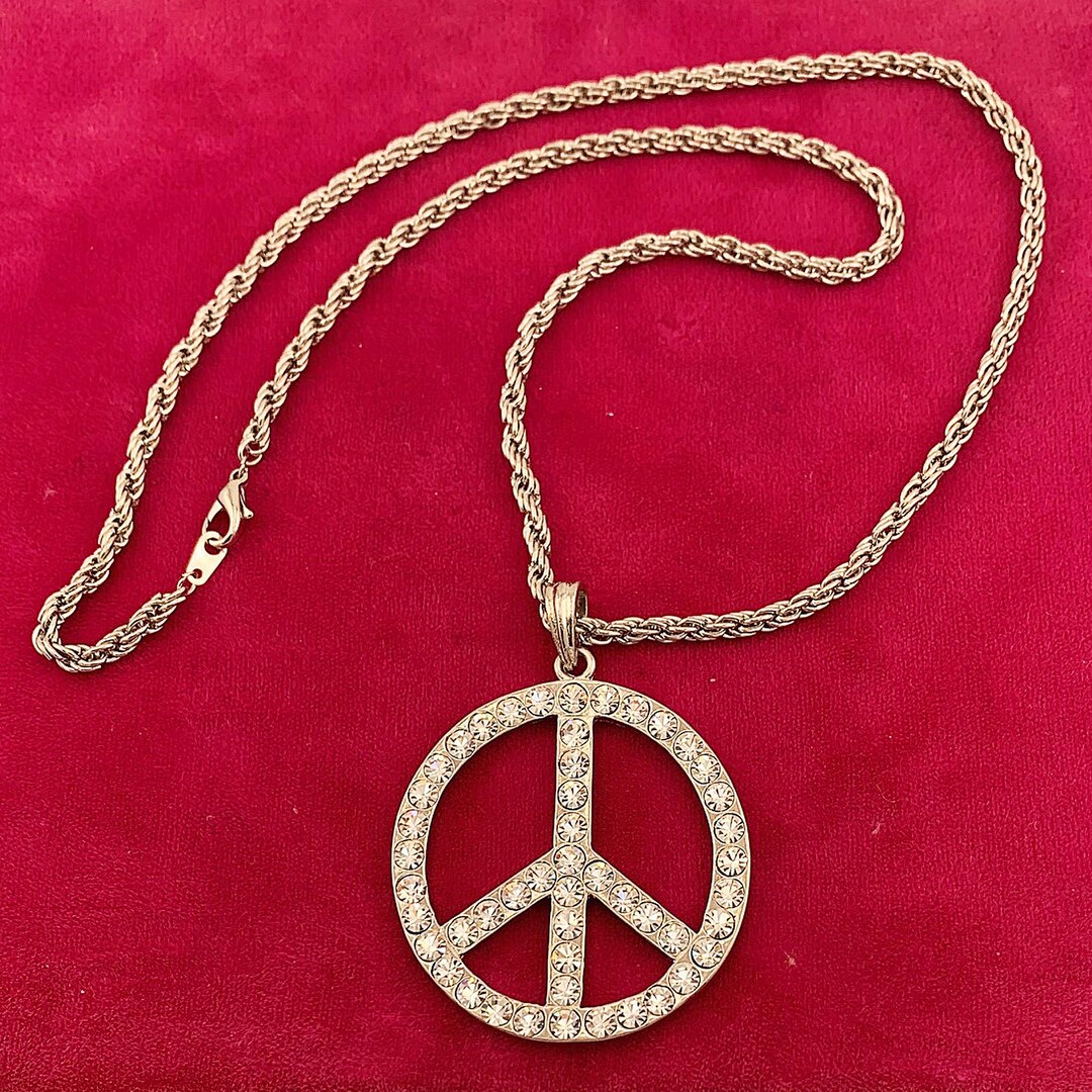 Chain Peace Sign Vintage Large Rhinestone Peace Sign Symbol Necklace 24