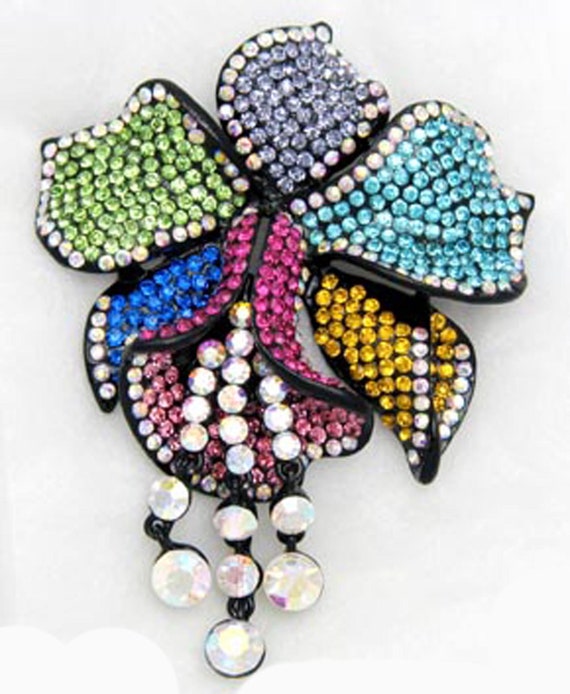 Vintage Orchid Pin Multi Color Rhinestone Orchid P