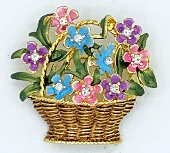 Vintage Flower Basket Pin Pastel Enamel & Rhinest… - image 1